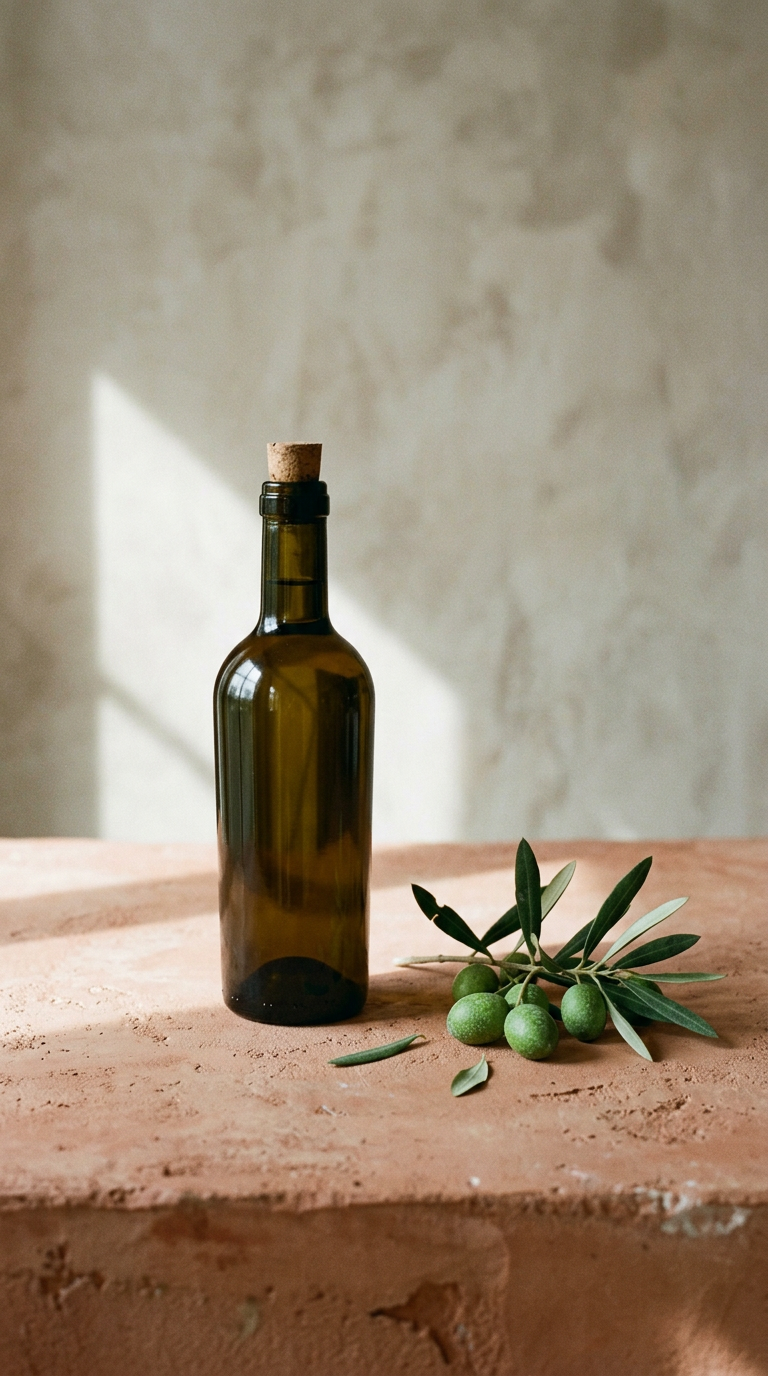 Dark glass bottle of olive oil beside an olive branch on terracotta plaster
