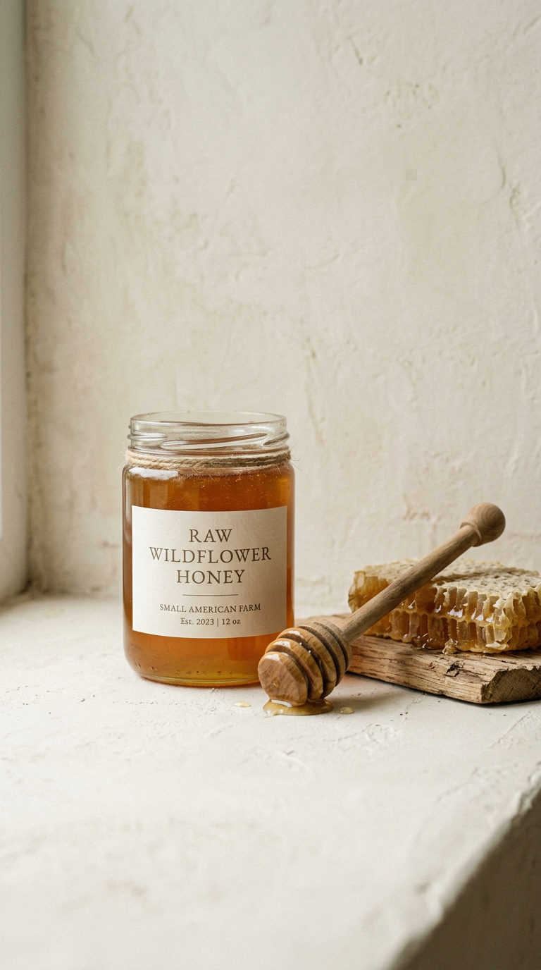 Glass jar of amber wildflower honey with a wooden dipper and honeycomb on ivory plaster